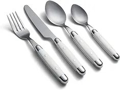 four forks, two spoons and one knife on a white surface