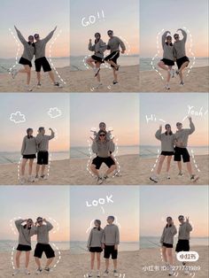 a man and woman standing on top of a beach next to the ocean with their arms in the air