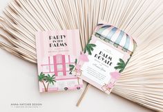 Palm Royale themed Bridal Shower for your 'Royale Gal'! Time for a party in the palms for this wedding shower invite! Main colors are pink and green with palm trees, pink lawn chair and umbrella, retro art deco hotel and more. This DIY customizable template is easy to edit, download and send/print with the free version of Canva with a computer, phone or tablet. You can then download a JPG or PDF to send your invitation digitally via text/email or to a printer. I also offer custom personalization West Palm Beach Bachelorette Theme, West Palm Beach Florida Bachelorette, Palm Beach Wedding Invitations, Art Deco Hotel, Retro Art Deco