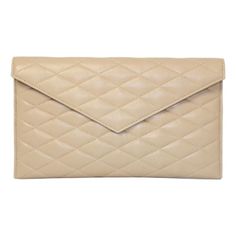 This classic Sade clutch from Saint Laurent is crafted from beige quilted leather in an envelope silhouette with a snap enclosure. The flap-top opens to a black grosgrain-lined interior compartment with two credit card slots. Go for a timeless look with this minimal and refined piece from Saint Laurent.    Model : 636533  Beige Quilted leather  Gold-tone hardware    Snap closure    Envelope flap-top  Black grosgrain lined interior  Two credit card slots    Measurements: 10.15" x  0.65" x  5.75" Quilted Pouch, Saint Laurent Model, Logo Beige, Dressing Well, Designer Clutch, Saint Laurent Bag, Quilted Leather, Leather Clutch, Manners