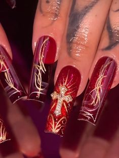 Low Rider Inspired Nails, Italian Nail Designs, Unique Red Nails, Cherry Red Nails Acrylic, Red 90s Nails, Kali Uchis Nail Ideas