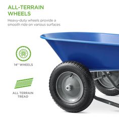 the all terrain wheelbarrow is available in various colors and sizes, including blue