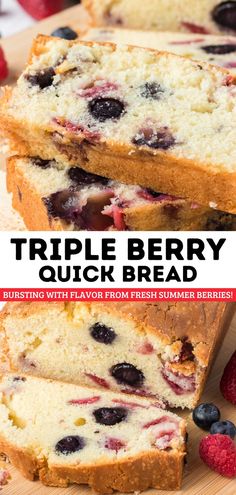 This Triple Berry Bread is bursting with flavor from fresh summer berries like raspberries, blueberries, and strawberries. It’s perfect for everyone in your whole family and is the best summer quick bread. Raspberry Quick Bread, Berry Bread, Corn Bisque, Raspberry Bread, Blueberries And Strawberries, Fruit Muffins, Roasted Vegetable Salad, Whipped Goat Cheese, Strawberry Bread