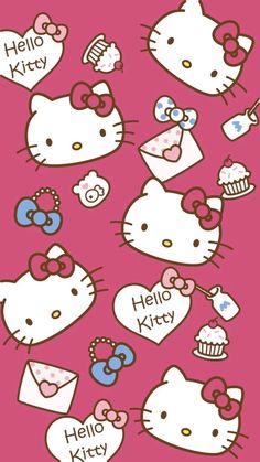 an image of hello kitty wallpaper with many different things in the background, including cupcakes and hearts