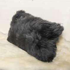 a black and white dog laying on top of a sheepskin rug next to a brick wall