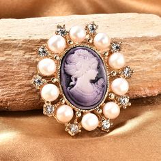 Purple Cameo Pendant or Brooch with Freshwater Pearls and Austrian Crystal in Gold (1.75"), Antique Style Cameo Pendant, Cameo Brooch Embossed Seal, Howlite Bracelet, Cameo Brooch, Cameo Pendant, Austrian Crystal, Antique Style, Crystals And Gemstones, Stones And Crystals, Beautiful Rings