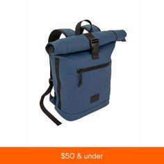 a blue backpack with black straps and the words $ 50 & under below it