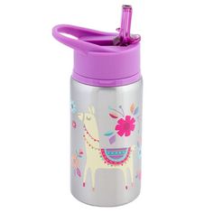 a stainless steel water bottle with an alpaca design on the front and purple lid