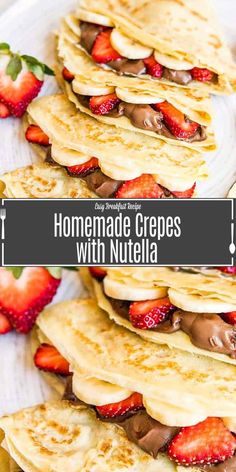 homemade crepes with nutella and strawberries on a white serving platter