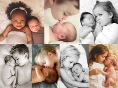 a collage of photos with babies and their moms in black and white colors