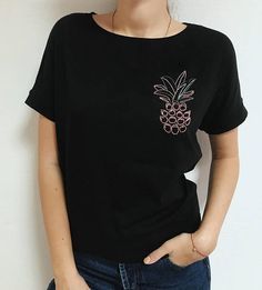 Pineapple fruit print holiday t-shirt, Hand embroidered black women's cute t-shirt, gift for her, Ch Black Embroidered T-shirt For Summer, Black Embroidered Summer T-shirt, Casual Black Embroidered T-shirt, Trendy Black T-shirt For Gift, Trendy Embroidered Summer T-shirt, Trendy Embroidered T-shirt For Summer, Trendy Summer T-shirt For Gifting, Trendy Summer T-shirt As Gift, Pineapple Fruit