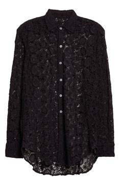 Burnout lace brings alluring appeal to this button-up shirt that is perfect for layering. 29 1/2" length (size Medium) Sheer; base layer shown not included 100% cotton Dry clean Imported Shop Mille, Lace Button, Base Layer, Black Lace, Nordstrom Rack, Sofia, Button Up Shirts, Layering, Button Up