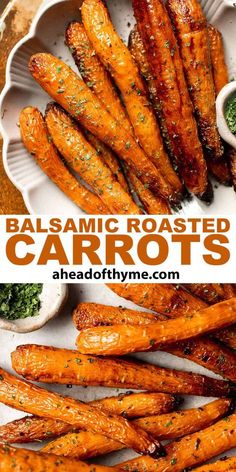 roasted carrots on a plate with herbs and seasoning in the bowl next to them