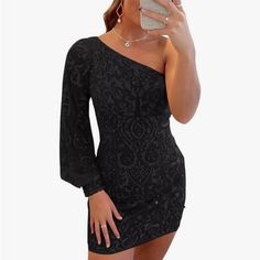 One Shoulder Black Homecoming Dress, Sparkly Lace, Size 6, New Never Worn One Shoulder Homecoming Dress, Homecoming Dresses For Teens, Long Sleeve Homecoming Dresses, Homecoming Dresses Sparkly, Black Homecoming Dress, Satin Homecoming Dress, Long Sleeve Prom, Cocktail Gowns, Homecoming Dresses Black