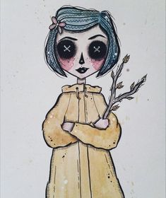 a drawing of a girl with blue hair holding a plant in her hands and looking at the camera