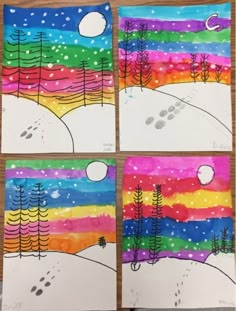 four different colored paintings on paper with trees and footprints in the snow at night time