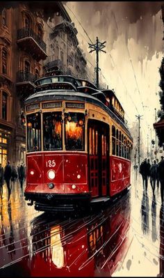 a painting of a red trolley car on a rainy street with people walking by it