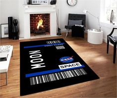 a living room area rug with barcodes on the floor and a fire place in the background