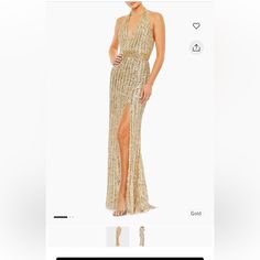 the dress is gold and has a high slit