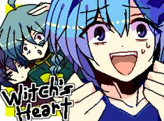 an anime character with blue hair and two other characters