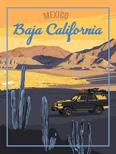 a yellow truck driving through a desert with mountains in the background and a blue frame around it