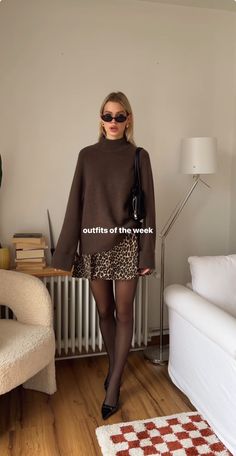 Fall Mini Skirt Outfit Tights Boots, Slip Dress With Tights Outfit, Classy Romantic Aesthetic, Nighttime Fall Outfits, Classy Cheetah Print Outfits, Brown Courdory Outfits, Black Mini Dress Fall Outfit, Suede Skirt Outfit Fall 2024, Sweater Over Mini Dress Outfit