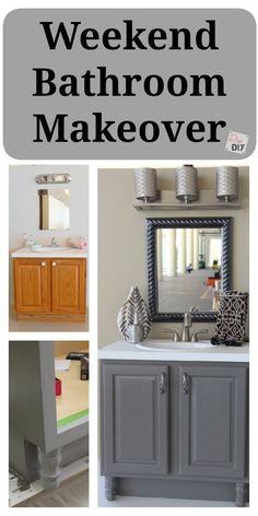 bathroom makeover with gray cabinets and white counter tops, including a mirror above the sink