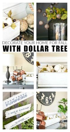 collage of photos with text overlay that says decorate your home for fall with dollar tree