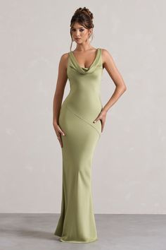 Alesso | Light Olive Satin Cowl-Neck Maxi Dress