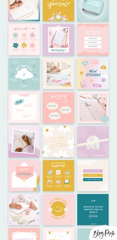 Instagram templates for Canva in pastel rainbow designs Stationery Instagram Feed, Canva Kawaii Elements, Branding Social Media Posts, Canva Instagram Post Ideas, Pastel Instagram Feed, Cute Instagram Feed, Instagram Quote Template, Pastel Branding, Instagram Post Inspiration