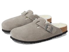 Birkenstock Boston Shearling - Suede (Unisex) - Clog Shoes : Stone Coin/Natural Suede/Shearling : The Boston Shearling - Suede from Birkenstock clog, made cozy for the colder months. Classic suede lends a velvety feel that continues on the inside. The style is fully lined in genuine shearling, right down to the original contoured footbed. A soft, supportive landing every time. Suede upper with a matching adjustable strap. Anatomically correct cork footbed, crafted from cork that is 100% renewabl Grey Birkenstock Clogs, Boston Shearling, Birkenstock Boston Shearling, Birkenstock Clog, Neutral Heels, Clog Shoes, Birkenstock Women, Birkenstock Boston, Foot Health