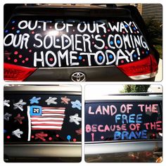 a car that has some writing on the back of it and is decorated with american flags