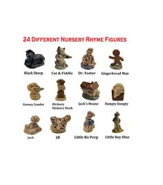 the different types of nursery figurines are shown in red and black text on white paper