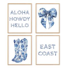 four blue and white prints with cowboy boots