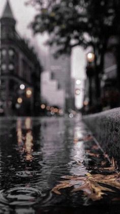 rain falling on the ground with buildings in the background