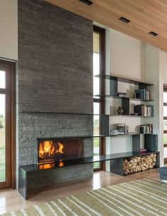 a living room with a fire place next to a couch and book shelf on the wall