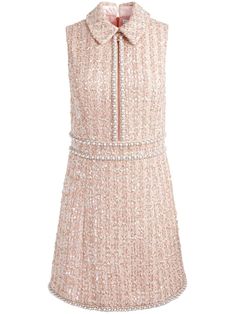 light pink tweed half front zip fastening spread collar beaded trim detail faux-pearl embellishment sleeveless fitted waistline two side slit pockets straight hem thigh-length Pearl Embellishment, Mini Dress Pink, Pink Tweed, Wardrobe Edit, Pleated Mini Dress, Tweed Dress, Beaded Trim, Exclusive Fashion, Pink Mini Dresses