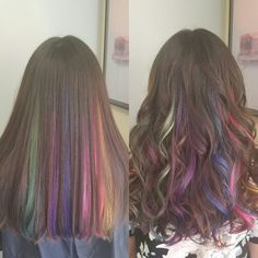 Brunette Rainbow Highlights, Dark Hair With Rainbow Highlights, Creative Color Placement Hair, Rainbow Peak A Boo Highlights, Hair Peak A Boo, Crown Hair Color, Peak A Boo Highlights Brunettes, Peek A Boo Highlights On Dark Hair, Rainbow Hair Underneath