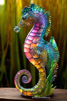 a colorful seahorse statue sitting on top of a wooden table next to tall grass