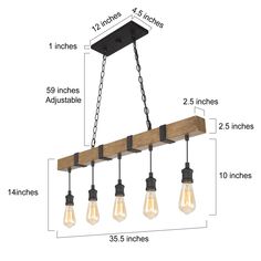 an image of a wooden beam chandelier with light bulbs hanging from it's sides