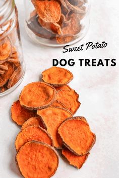 sweet potato dog treats in glass jars with text overlay that reads sweet potato dog treats