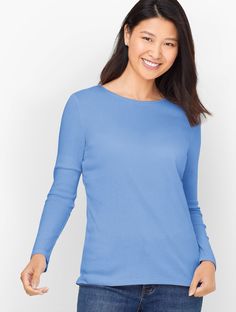 Our versatile, ready-for-anything crewneck t-shirt. Made from soft, breathable cotton with a hint of stretch. Features Tee Shirt Long Sleeve Hits At Hip Crew Neck Straight hem Imported Fit: Misses: 25"; Petite: 24"; Plus: 27" ;Plus Petite: 25 1/2" Material: 100% Pima Cotton Care: Machine Wash Cold; Only Non-Chlorine Bleach When Needed; Turn Garment Inside Out; Tumble Dry Low; Warm Iron, If Needed | Pima Crewneck T-Shirt - Solid Talbots Tee Shirt Long, Red Long Sleeve Tops, White Stripes Shirt, Henley Sweater, Striped Long Sleeve Tee, Classic Style Women, Comfortable Tops, Long Sleeve Tee Shirts, Pullover Shirt