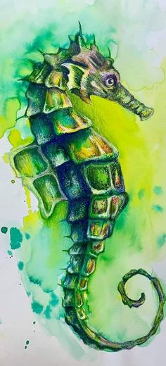 a drawing of a sea horse on green watercolor paper