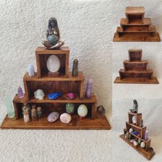 three wooden shelves with various items on them and one shelf holding rocks, shells, and other objects