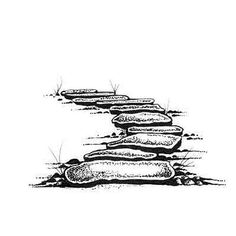 a black and white drawing of rocks on the ground with grass growing out of them