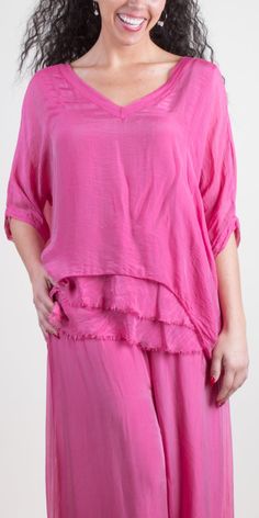 V-Neck Silk Kaftan Style Blouse with Raw Edge Hem on Bottom Layer. 100 % Silk Fits sizes XS-XL Made in Italy Summer Viscose Tunic Top, Summer Layering Pink Blouse, Pink Rayon V-neck Blouse, Pink V-neck Blouse In Rayon, Pink Rayon Blouse With V-neck, Casual Viscose Tunic Top, Pink V-neck Rayon Blouse, Spring V-neck Tunic In Lagenlook Style, Spring V-neck Lagenlook Tunic