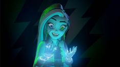 an animated character with green hair and blue eyes, holding her hands up in the air