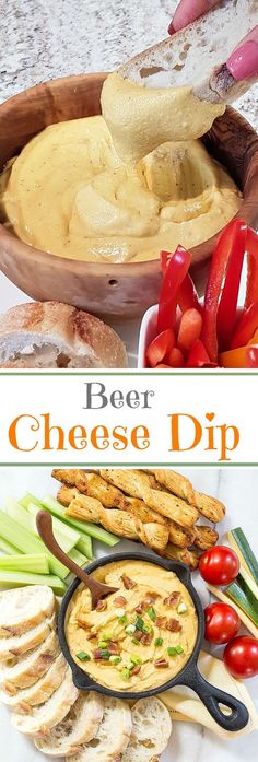 the cheese dip is being served in a bowl with bread and vegetables on the side