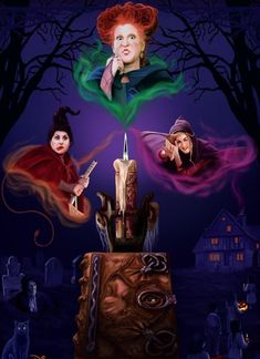 the poster for hockie pocus's musical show, which features three women dressed as witches