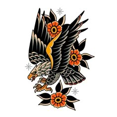 an eagle with flowers on it's wings